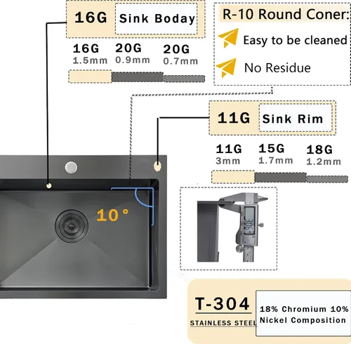 Miniatura 4 de 22x18 Pulgadas Fregadero de Cocina Gunmetal Negro de Montaje Superior, Fregadero de Barra de Cocina RV de 16 Calibre, Fregadero de Barra Húmeda