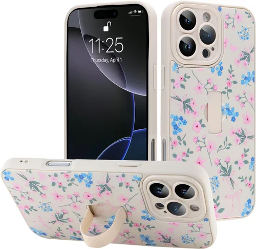 Miniatura 18 de Funda diseñada para iPhone 17 Pro Max con soporte plegable y correa para dedos, bonito patrón de lazo de corazón de flor rosa para mujeres y niñas