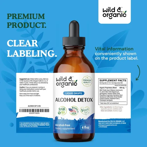 Miniatura 9 de Wild & Organic Gotas de desintoxicación de alcohol, limpieza de hígado y riñón con cardo mariano, triturador de piedras Chanca Piedra, complejo anti