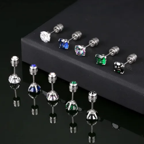 Miniatura 6 de FIBO STEEL 5 pares de aretes de titanio de acero inoxidable quirúrgico para mujeres y hombres, arcoíris 5A, circonita cúbica para dormir