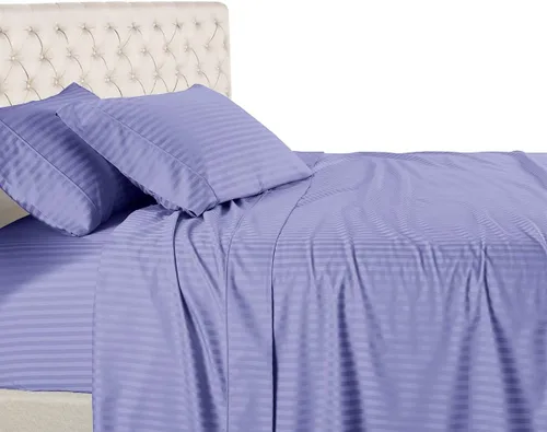 Miniatura 10 de Royal Hotel Bedding Sábanas a rayas de 600 hilos, juego de sábanas de 4 piezas, 100% algodón, rayas de satén, bolsillo profundo, tamaño Queen, azul