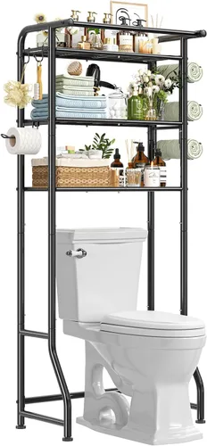 Miniatura 9 de Simple Trending Sobre el gabinete de almacenamiento del inodoro, organizador de estante de baño de metal con soporte para papel y ganchos, 3 Negro