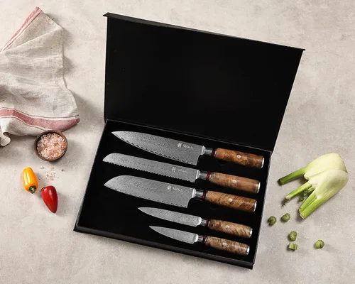 Miniatura 2 de Wakoli Juego de cuchillos de chef de Damasco con bloque magnético – Juego de bloque de cuchillos de cocina profesional de 5 piezas, cuchillas