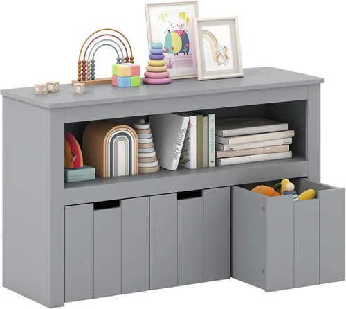 Miniatura 10 de HONEY JOY Organizador de almacenamiento de juguetes para niños, estante de guardería para niños, 3 cajas de juguetes de madera con ruedas, armario