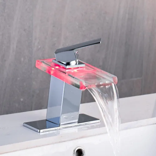 Miniatura 2 de AVSIILE Grifo LED para lavabo de baño, cascada cromada, mango de un solo agujero, 1 agujero con drenaje desplegable de metal y 2 líneas de Cromo