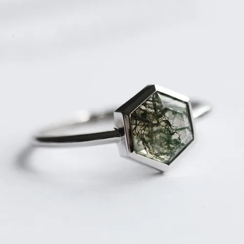 Hexagon Moss Agate Ring, hexagone ring, hexagon engagement ring, moss agate ring, hexagon ring, moss agate double band ring, rings AAA