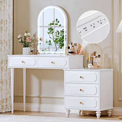 Miniatura 8 de Ieejdn Negro, Escritorio de tocador con espejo y luces, Tocador de maquillaje con toma de corriente y gabinete ajustable, Mesa de maquillaje moderna