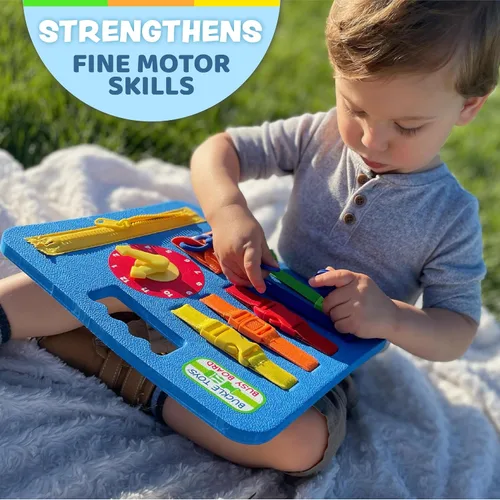 Miniatura 2 de Buckle Toys Busy Board - Juguete de aprendizaje Montessori para niños pequeños, actividades de viaje por carretera, tablero sensorial de espuma, Azul