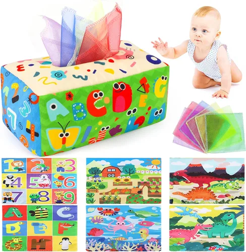 URMYWO Caja de pañuelos de bebé juguete - Juguetes Montessori para bebés de 6-12 meses 1 año niño niña - Juguetes sensoriales suaves crujientes para
