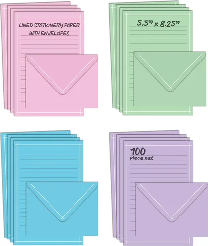 Better Office Products Mini juego de papelería, juego de 100 piezas (50 hojas forradas + 50 sobres a juego), 4 colores sólidos, borde blanco fino,