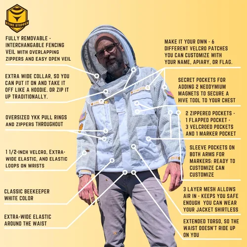 Miniatura 2 de Sting Stopper - Chaqueta de apicultura ventilada de 3 capas con torso largo en color blanco apicultor, diseño de suéter rápido, características