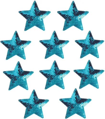 Paquete de 10 parches bordados con lentejuelas brillantes de 5 estrellas para coser con apliques, color azul
