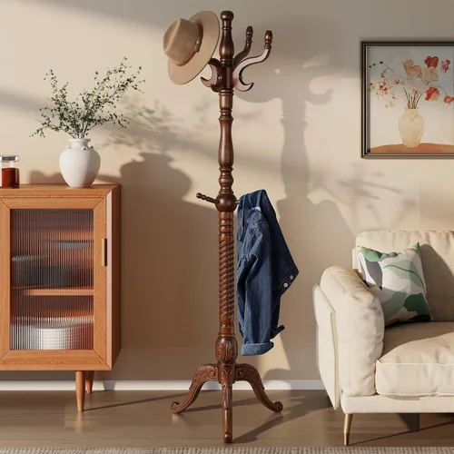 Miniatura 10 de Perchero de Madera Independiente con 8 Ganchos, Soporte para Abrigos de Servicio Pesado con Base Estable, Perchero Vintage de Pie para Entrada