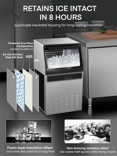 Miniatura 5 de Máquina de hielo comercial de 150 libras por día, carcasa de acero inoxidable bajo mostrador con capacidad de almacenamiento de 33 libras, máquina