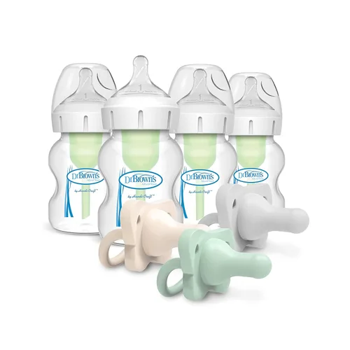 Dr. Brown's Natural Flow Anti-Colic Options+ Biberón de cuello ancho, 5 oz/5.1 fl oz, pezón nivel 1, paquete de 4, 0.0 ft+ con chupete HappyPaci