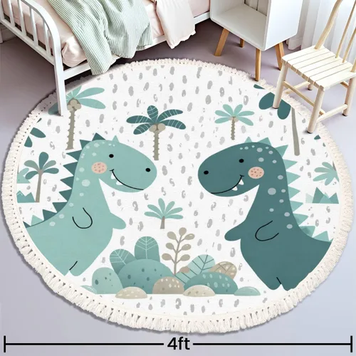 Miniatura 2 de Round Rugs - Alfombra de dinosaurio para bebé y niño, diseño escandinavo, bonita alfombra de lino y algodón, alfombra de meditación, lavable