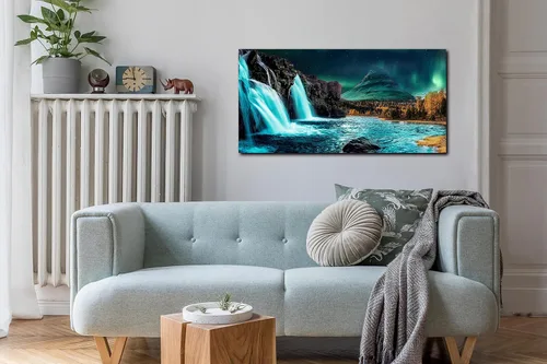 Miniatura 8 de Lienzo grande para pared de sala de estar, cuadros de cascada para pared, decoración de pared verde azulado, listo para colgar, tamaño 40 x 20 Verde