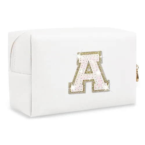 Miniatura 52 de Pequeña bolsa de maquillaje personalizada con inicial A-Z Preppy Patch, bolsa de cosméticos de viaje de felpilla blanca con cremallera, bonita bolsa