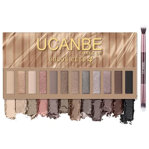 UCANBE Paleta de maquillaje de sombra de ojos de 12 colores, sombra de ojos desnuda mate brillante neutral con kit de brochas de doble punta, 04