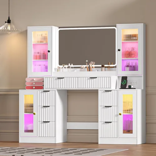 Miniatura 7 de Escritorio de maquillaje estriado con espejo y luces, tocador superior de cristal de 55 pulgadas con 8 cajones y 4 gabinetes de vidrio RGB, estantes