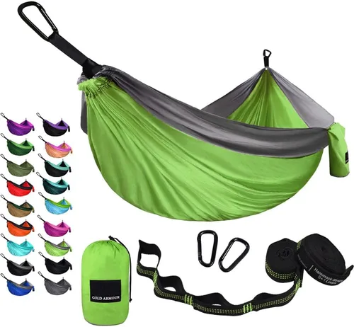 Miniatura 9 de Gold Armour hamaca de campamento, de tela de paracaídas, de marca estadounidense, tamaño único, 2 correas para árbol, 10 trabillas/20 pies Gris/Azul