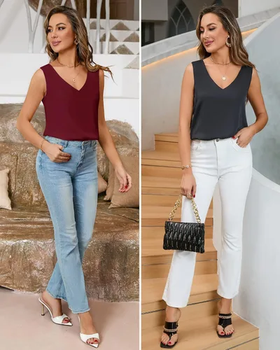Miniatura 4 de MANGOPOP Women's Body Suits V Neck Loose Fit Satin Blouse Sleeveless Long Sleeve Tank Bodysuit Tops Elegant