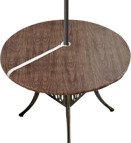 Miniatura 12 de Mantel redondo de vinilo con agujero para paraguas y cremallera, mantel ajustable 100% impermeable, fácil de limpiar, cubierta de mesa de PVC