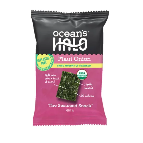 Ocean's Halo Snacks de algas orgánicas – Cebolla Maui, sin bandeja, veganos, crujientes salados, paquete de 20 (0.14 onzas cada uno)