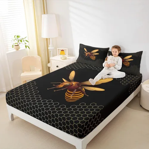 Miniatura 2 de Erosebridal Honey Bee - Juego de sábanas bajeras negras y doradas, tamaño individual, diseño geométrico de panal de abeja para niños y niñas, funda