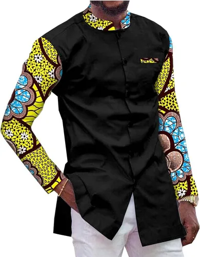 Camisa africana de los hombres Dashiki Tops impresión blusa Ankara tela cera batik botón de manga larga con bolsillo