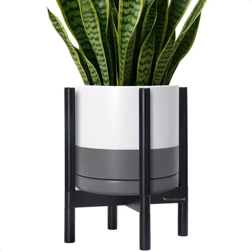 Miniatura 82 de D'vine Dev Maceta de cerámica con soporte de ébano – Maceta redonda moderna de 8 pulgadas con soporte para maceta de madera, color negro, 55-B-M-2
