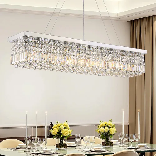 Miniatura 10 de Candelabros Modernos de Cristal para Lámpara de Comedor, Candelabro de Techo Rectangular Dorado de 6 Luces para Isla de Cocina y Sala de Estar