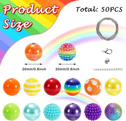 Miniatura 2 de Whaline Juego de 50 cuentas de goma de mascar de 0.78 pulgadas de grosor, 14 estilos, cuentas acrílicas coloridas con temática de arco iris, cuentas
