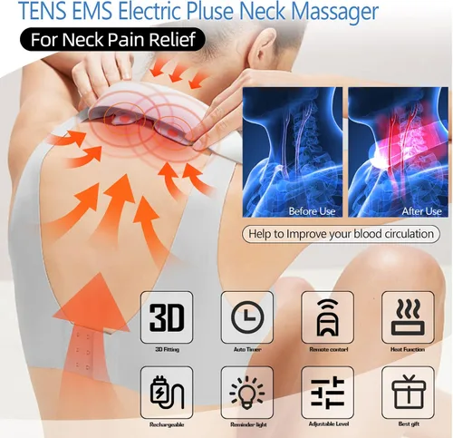 Miniatura 2 de Masajeador eléctrico de cuello de pulso con calor para aliviar el dolor, 10 modos, 15 intensidades, terapia de tejido profundo, punto de activación
