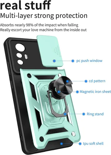 Miniatura 8 de Funda de teléfono para Xiaomi Redmi Note 12S con cubierta de cámara, protección resistente con cubierta de lente deslizante y anillo de dedo de 360°