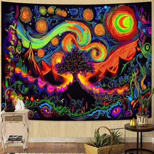 Miniatura 9 de Spenlife Blacklight - Fantástico tapiz de gato negro, tapiz de pared de gato reactivo que brilla con rayos UV para decoración de habitación, tapiz