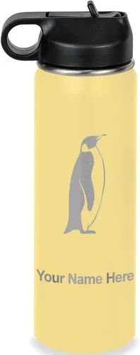 Miniatura 23 de LaserGram Botella de agua personalizada, pingüino, acero inoxidable de doble pared aislada al vacío con popote superior, regalo grabado