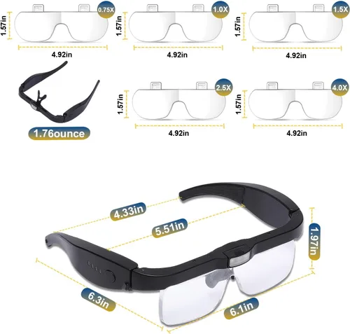 Miniatura 7 de Lupas profesionales con 5 lentes desmontables de 0.75 x 4.0 x y 3 luces LED, lupa recargable manos libres para trabajo cercano, manualidades