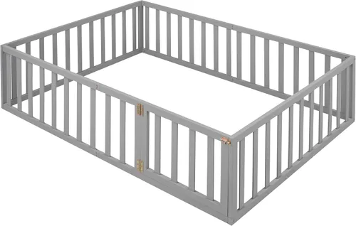 Miniatura 8 de Cama de suelo para niños, marco de cama Montessori de tamaño matrimonial con barandillas de valla para niños, camas de madera para niños y niñas