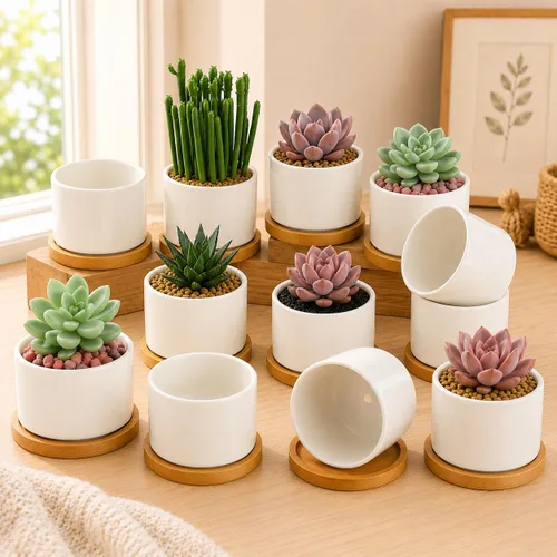 Miniatura 8 de ZOUTOG Macetas de Cerámica para Suculentas, Macetas de 4 Pulgadas, Macetas para Suculentas con Orificio de Drenaje y Bandeja de Bambú para Plantas