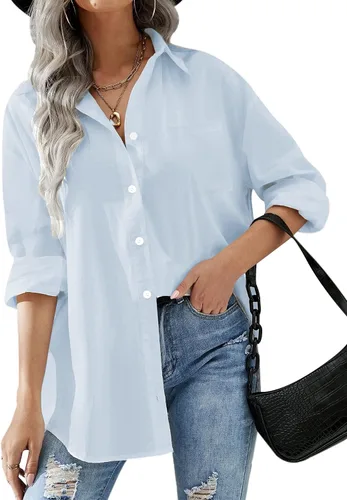 Miniatura 19 de HOTOUCH Camisas de gran tamaño con botones para mujer, blusa de hombro caída para oficina, de manga larga, estilo novio, camisa de vestir