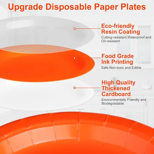 Miniatura 5 de Platos de papel desechables color naranja, platos llanos de 50 x 10 pulgadas y plato de postre de 50 x 8 pulgadas, suministros de papel de fiesta