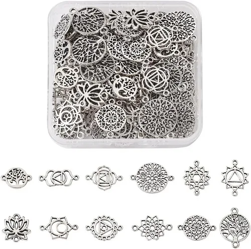 Miniatura 7 de Pandahall - 120 dijes de flores tibetanas con conector de chakras, aleación de plata antigua, dijes de conector de flores huecas, 12 estilos