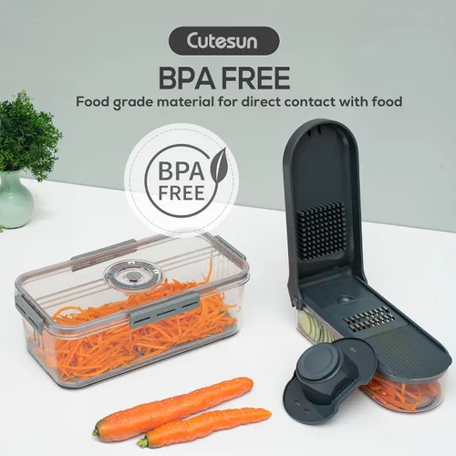 Miniatura 4 de Cutesun - Recipientes apilables transparentes para frutas y verduras con tapa y rebanadora de mandolina 6 en 1 para cocina, rallador de queso