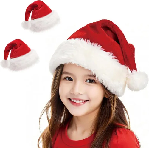Christmas Hat, Santa Hat for Adults/Kids/Baby Red Velvet Double Extra Thicken Unisex Xmas Hats for New Year Holiday Party