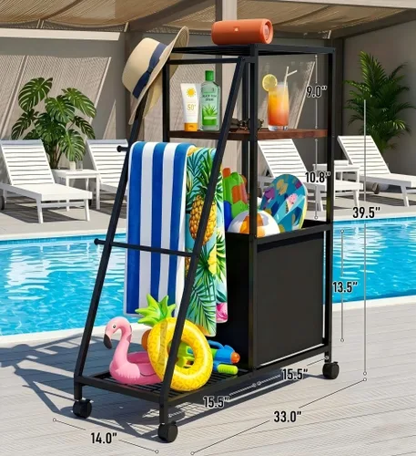 Miniatura 2 de Canyave Carrito junto a la piscina con ruedas, toallero independiente para piscina, organizador rodante con contenedor de almacenamiento
