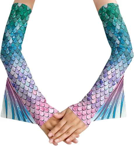 color cosplayer Mermaid Gloves Fish Scales Arm Sleeves Sequin Gloves Fish Scale Fingerless Gloves with Fins