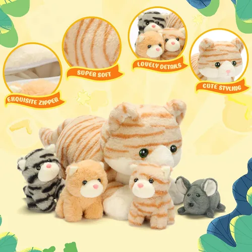 Miniatura 4 de IKASA Mamá gato atigrado naranja peluche mamá y gatitos bebé juguete de peluche lindo 16.5 pulgadas suave mamá pequeña juguete familiar con pequeños