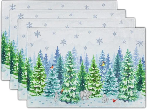 Juego de 4 manteles individuales con diseño de osos de Navidad con acuarela, diseño de pájaros de invierno, diseño de árboles de copo de nieve, para