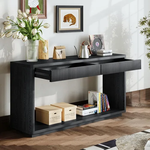 Miniatura 32 de 50" Modern Art Sculptural Console Table, Oval Cutout Legs, Wood Veneer, Thick Rounded Tabletop, Contemporary Entryway Sofa Table for Living Room